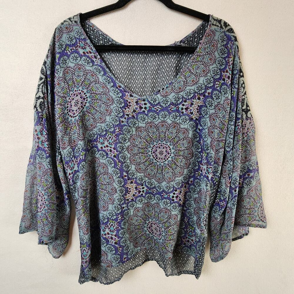 Language Blouse Women Med V-Neck Gray Print Silk Semi-Sheer
